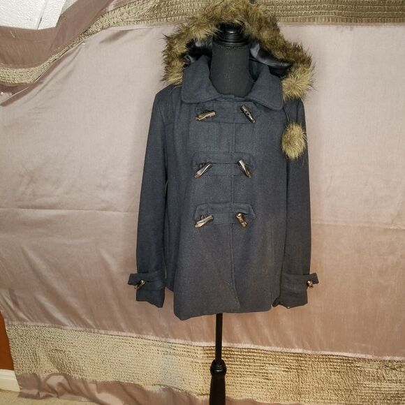 DOLLHOUSE Gray‎ Faux Fur Hooded Pea Coat Medium - Picture 1 of 11